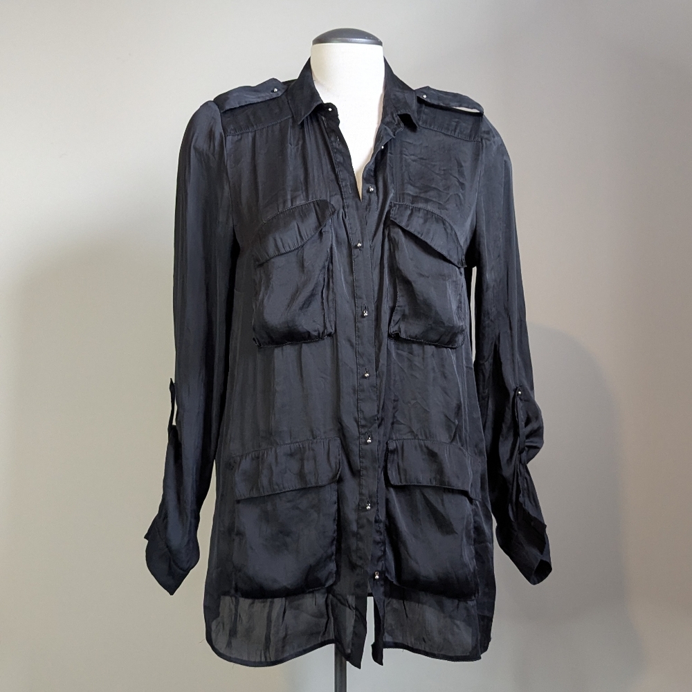 Black Satin Cargo Utilitarian Blouse Lightweight Button Down Y2K Tactical